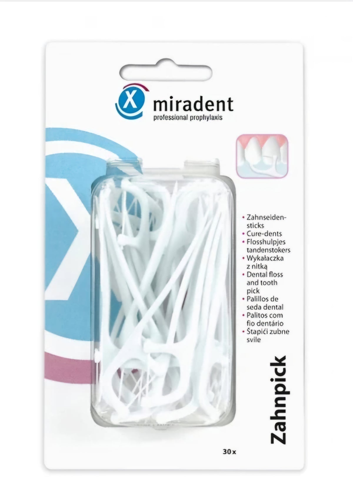 Miradent Zahnpick tarpdančių siūlas su koteliu, HAGER&WERKEN, 30 vnt