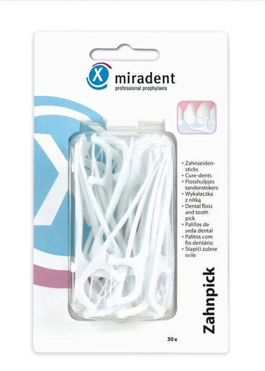 Miradent Zahnpick tarpdančių siūlas su koteliu, HAGER&WERKEN, 30 vnt