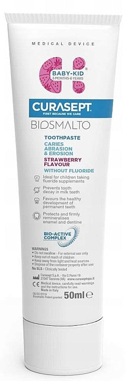 Vaikiška dantų pasta be fluoro, CURASEPT Biosmalto Baby-kid, braškių skonio, 50 ml