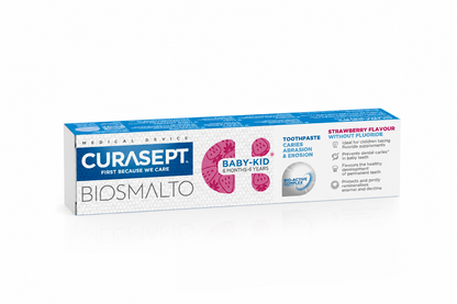 Vaikiška dantų pasta be fluoro, CURASEPT Biosmalto Baby-kid, braškių skonio, 50 ml