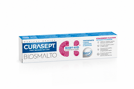 Vaikiška dantų pasta be fluoro, CURASEPT Biosmalto Baby-kid, braškių skonio, 50 ml